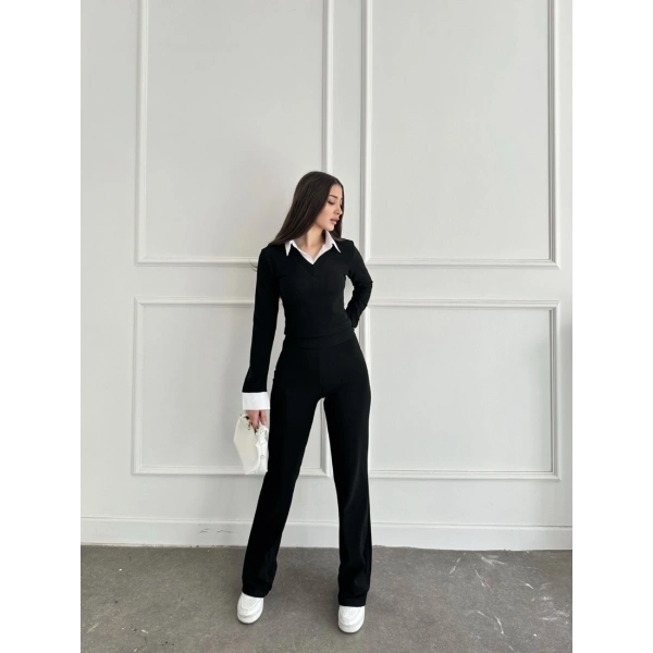 Uzun kol gömlek yaka crop ve pantolonlu ikili takım
