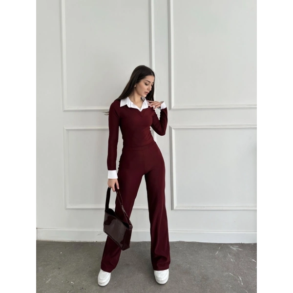 Uzun kol gömlek yaka crop ve pantolonlu ikili takım
