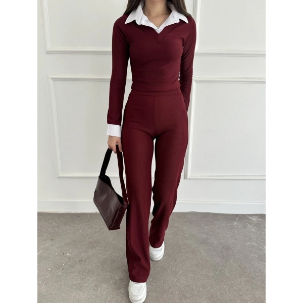 Uzun kol gömlek yaka crop ve pantolonlu ikili takım