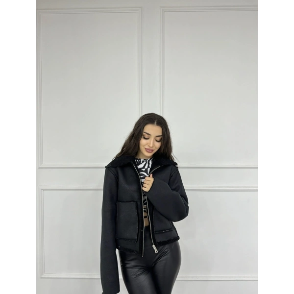 Cep detay lamine içi kürklü ceket