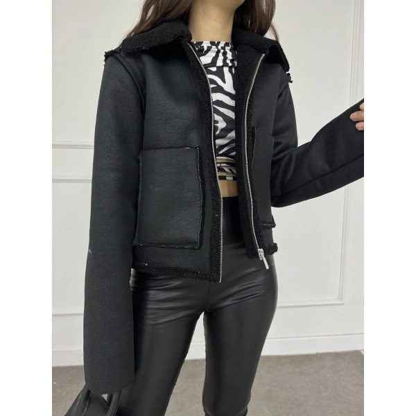 Cep detay lamine içi kürklü ceket