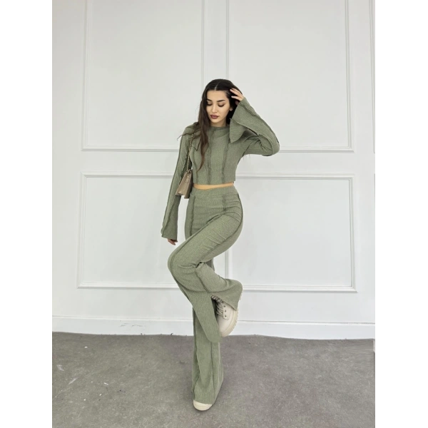 Ters dikiş İspanyol kol ve pantolonlu ikili takım