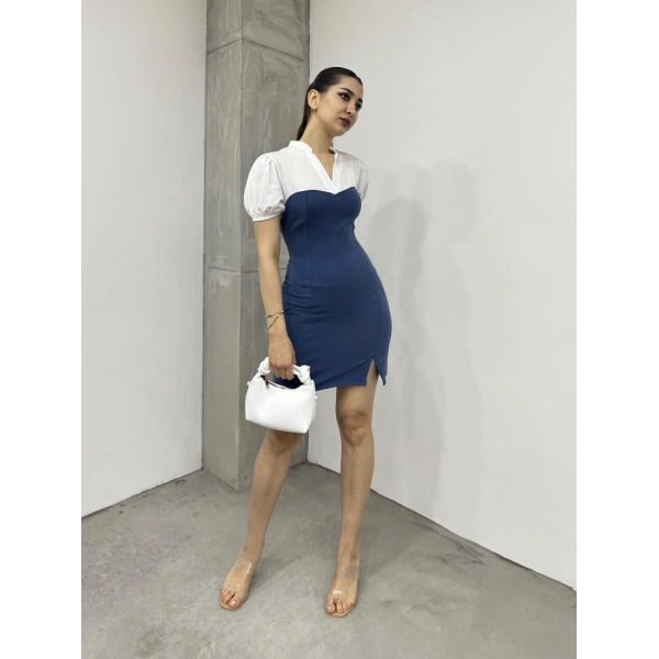 Hakim yaka yırtmaçlı elbise