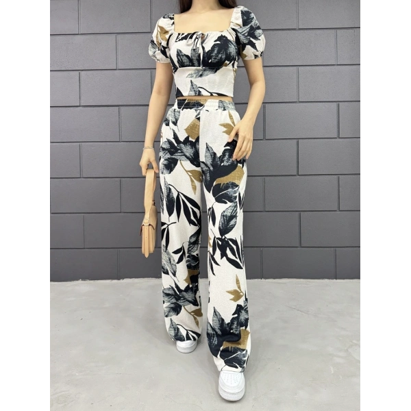 Yaprak desenli gofre pantolonlu ikili takım