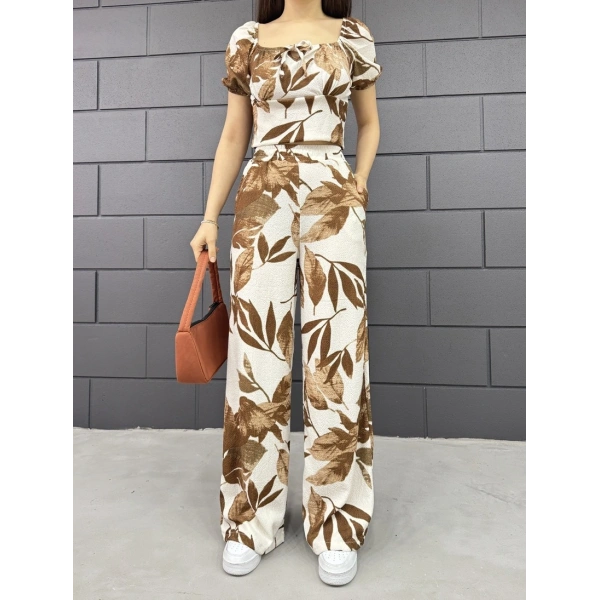 Yaprak desenli gofre pantolonlu ikili takım