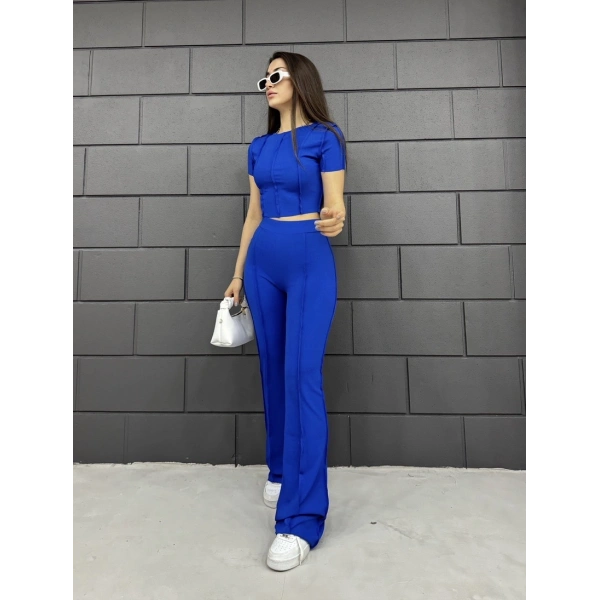 Ters dikiş crop ve pantolonlu ikili takım