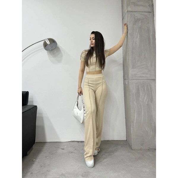 Ters dikiş crop ve pantolonlu ikili takım