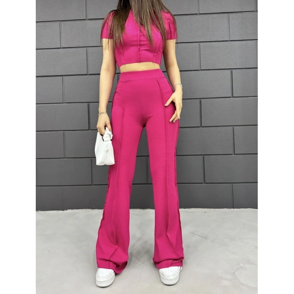 Ters dikiş crop ve pantolonlu ikili takım