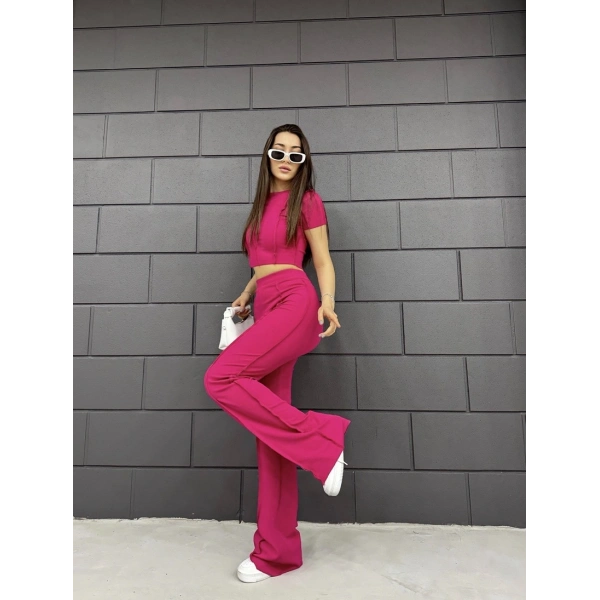 Ters dikiş crop ve pantolonlu ikili takım