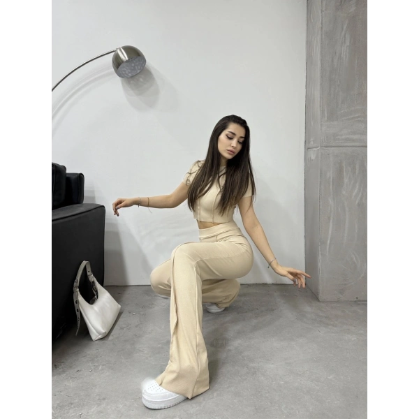 Ters dikiş crop ve pantolonlu ikili takım