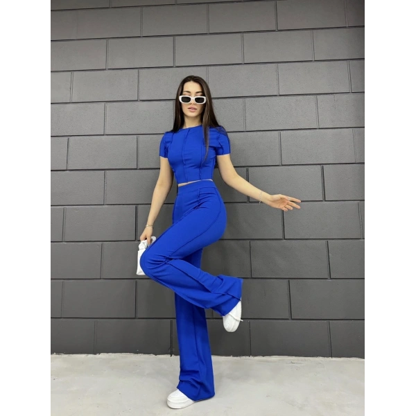 Ters dikiş crop ve pantolonlu ikili takım