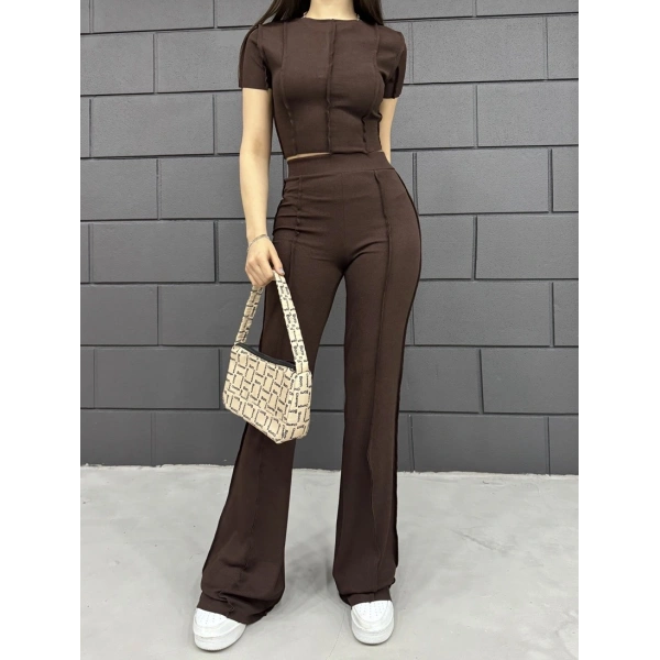 Ters dikiş crop ve pantolonlu ikili takım