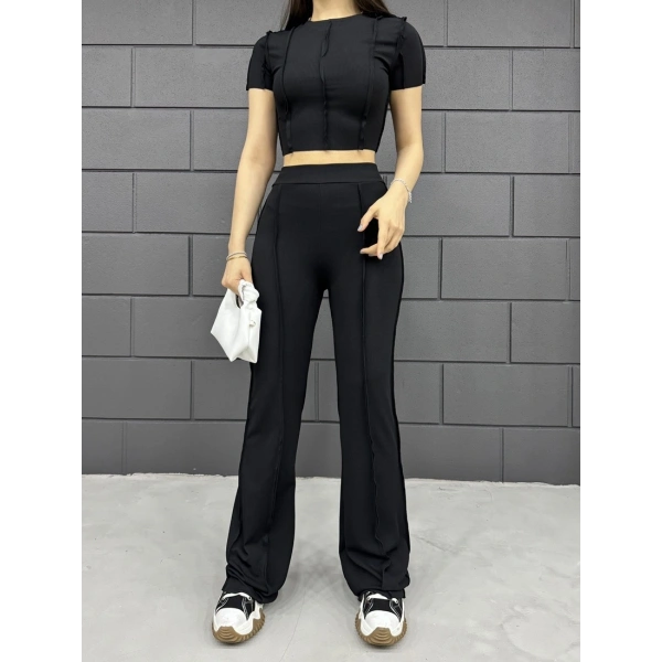 Ters dikiş crop ve pantolonlu ikili takım