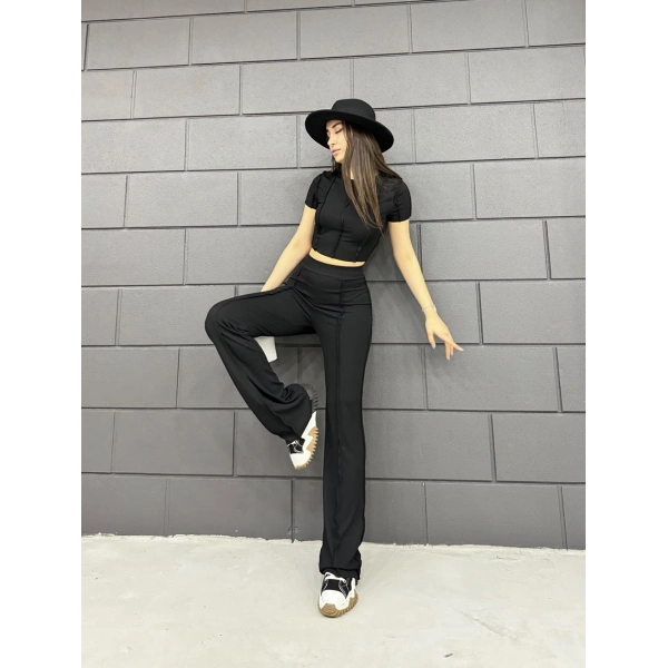 Ters dikiş crop ve pantolonlu ikili takım