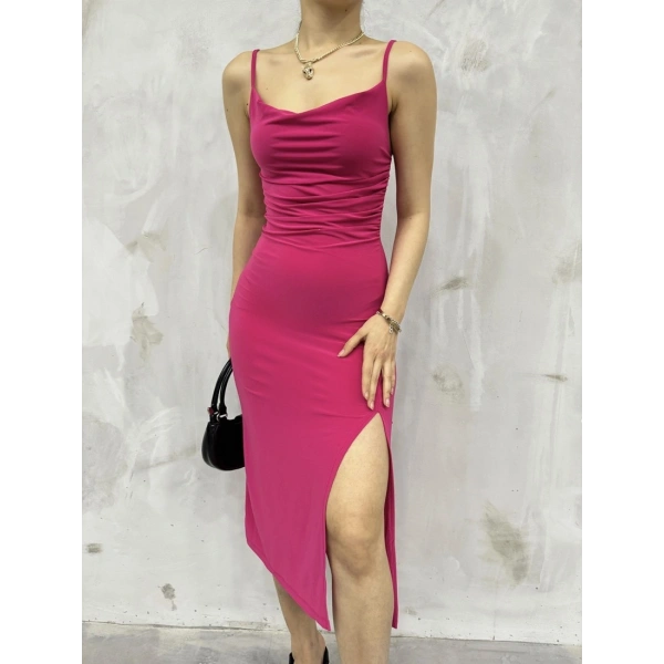 Sandy askılı yırtmaçlı elbise