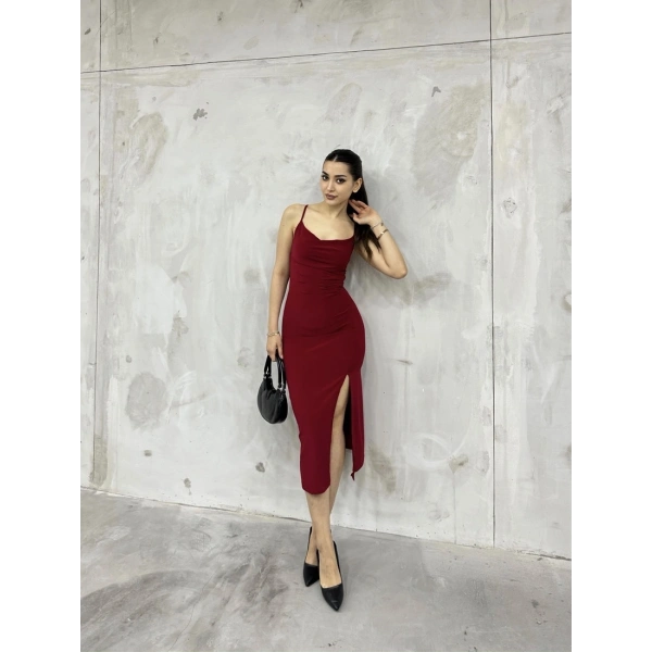 Sandy askılı yırtmaçlı elbise