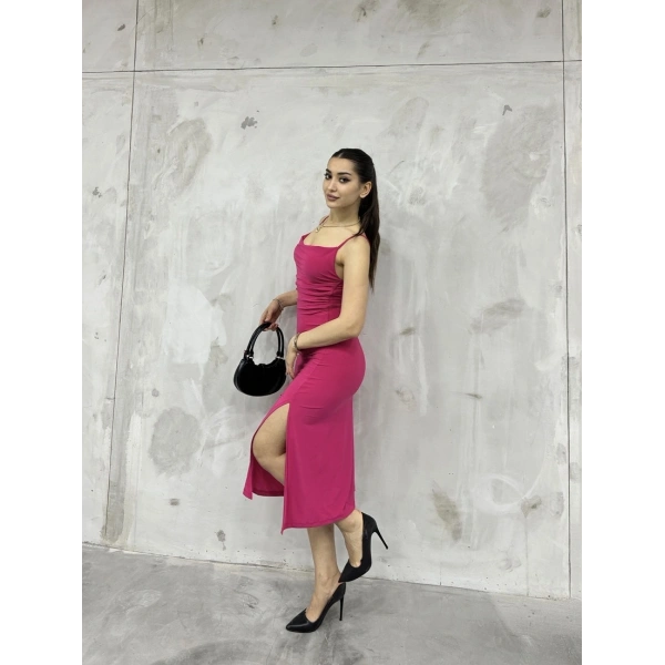 Sandy askılı yırtmaçlı elbise