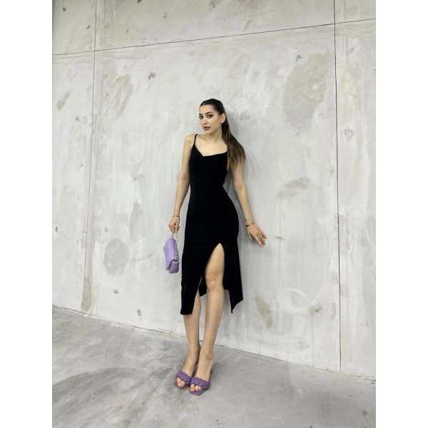 Sandy askılı yırtmaçlı elbise