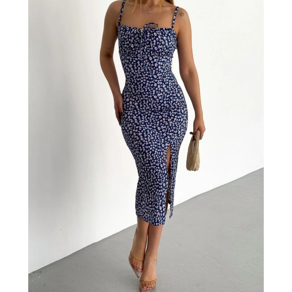 Bürümcük kumaş çıtır çiçekli askılı elbise