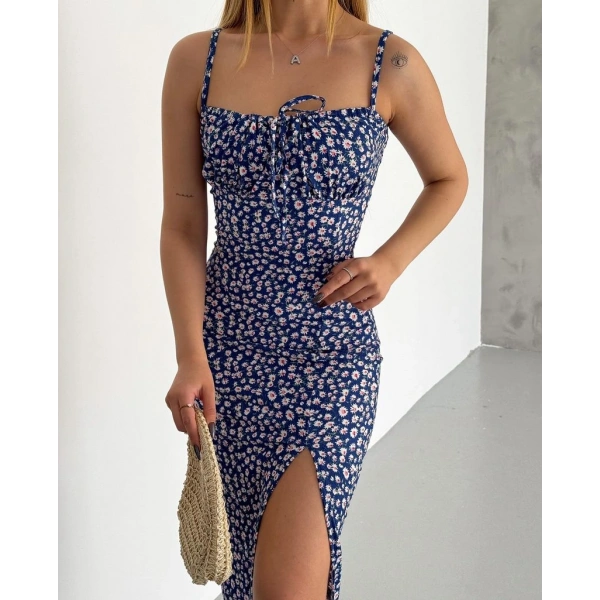 Bürümcük kumaş çıtır çiçekli askılı elbise