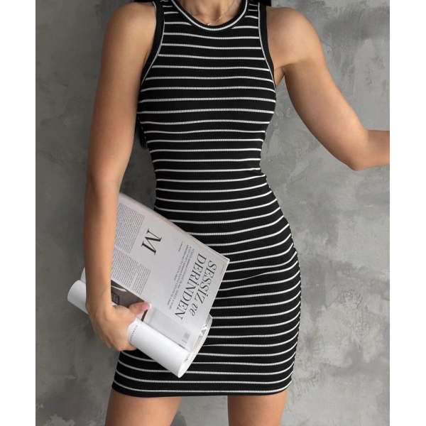 Çizgili halter yaka mini elbise