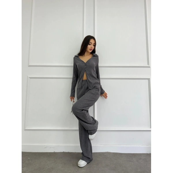 Düğmeli Bürümcük kumaş ikili takım