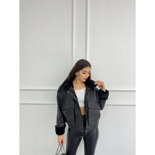 Kürklü cepli deri ceket