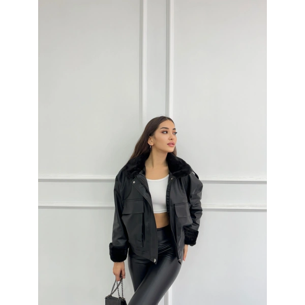 Kürklü cepli deri ceket