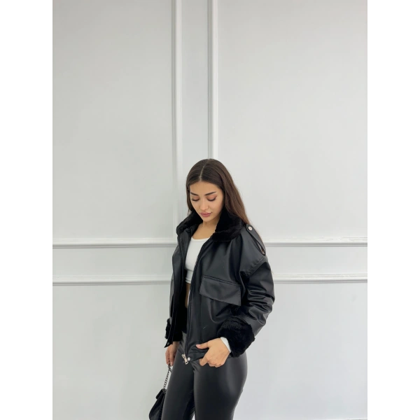 Kürklü cepli deri ceket