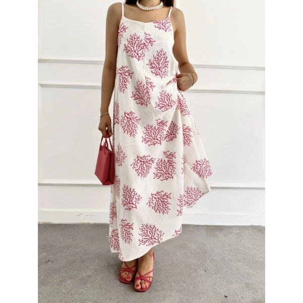 Astarlı desenli askı ayarlı uzun elbise