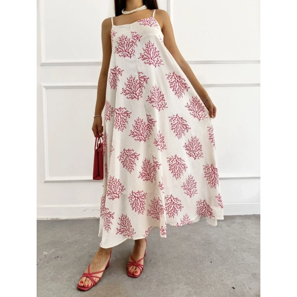 Astarlı desenli askı ayarlı uzun elbise