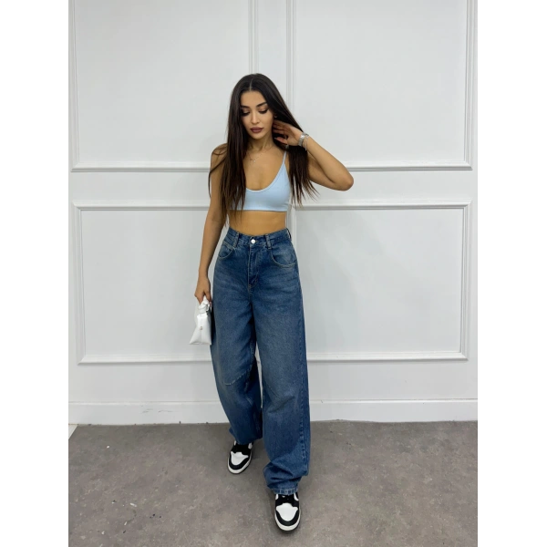 Arka kemer tokalı baggy jean
