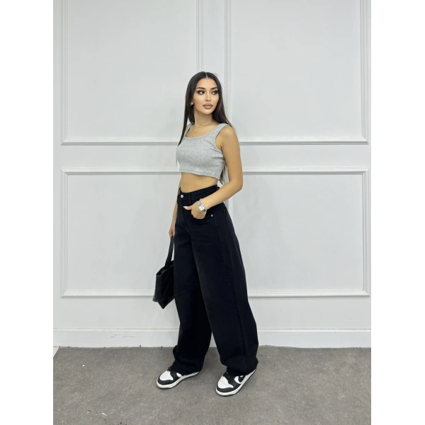 Arka kemer tokalı baggy jean