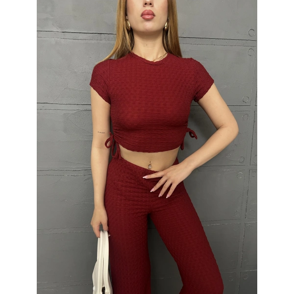 Yan büzgü detay bluz ve pantolonlu ikili takım