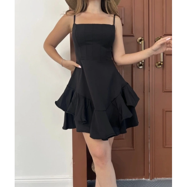 Fırfır detay askılı mini elbise