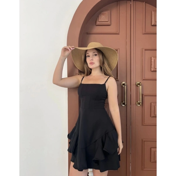 Fırfır detay askılı mini elbise