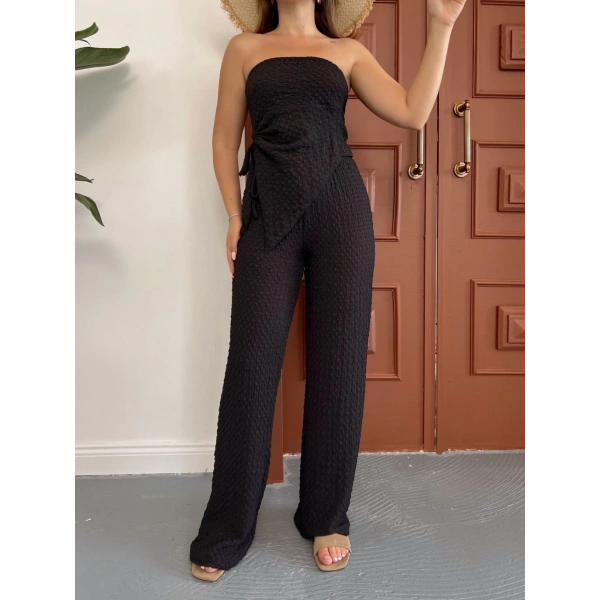 Straplez büzgülü bluz ve pantolonlu ikili takım