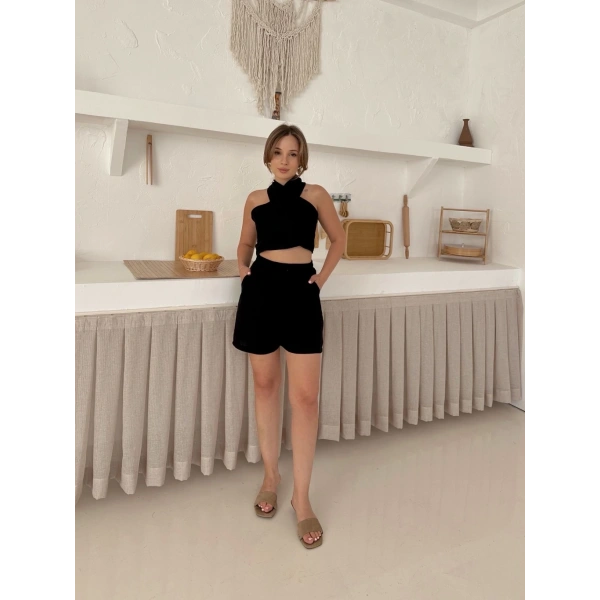 Boyundan bağlamalı keten şortlu takım