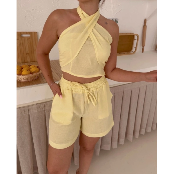 Boyundan bağlamalı keten şortlu takım