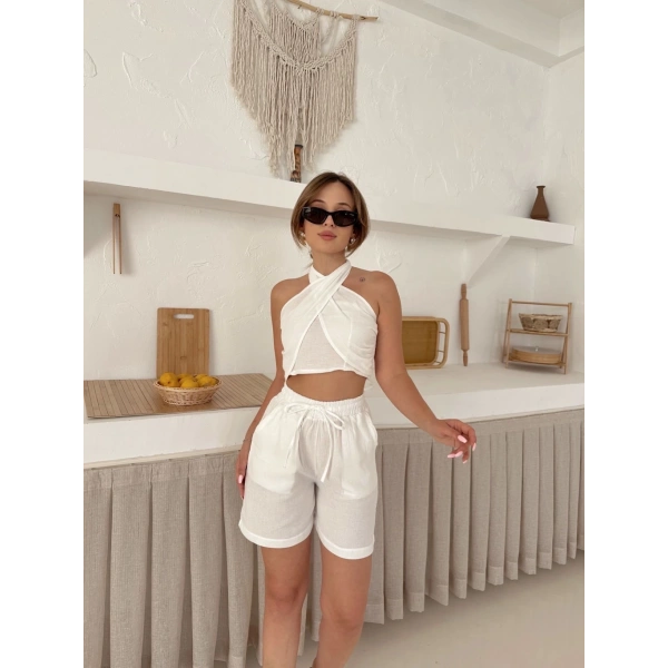Boyundan bağlamalı keten şortlu takım