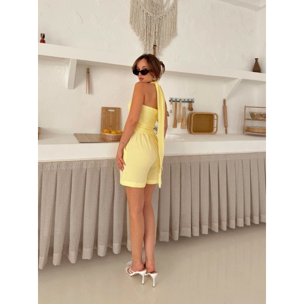 Boyundan bağlamalı keten şortlu takım