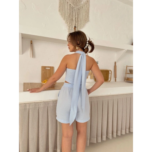 Boyundan bağlamalı keten şortlu takım