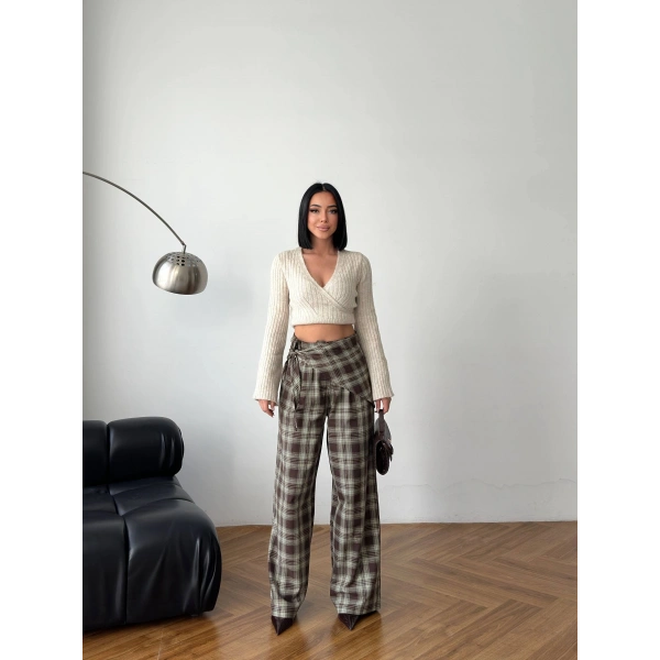 Ekose yüksek bel fularlı pantolon