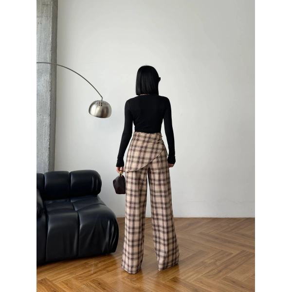 Ekose yüksek bel fularlı pantolon