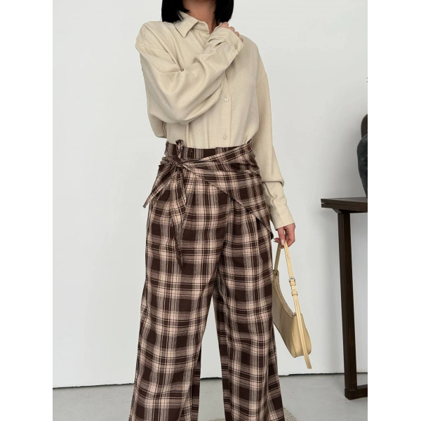 Ekose yüksek bel fularlı pantolon