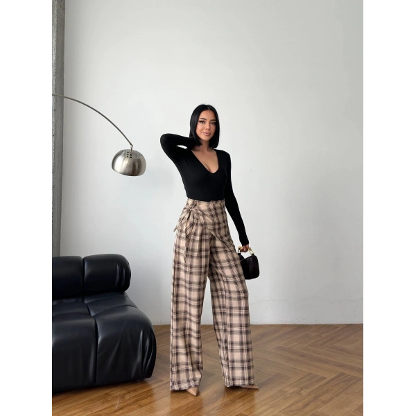 Ekose yüksek bel fularlı pantolon