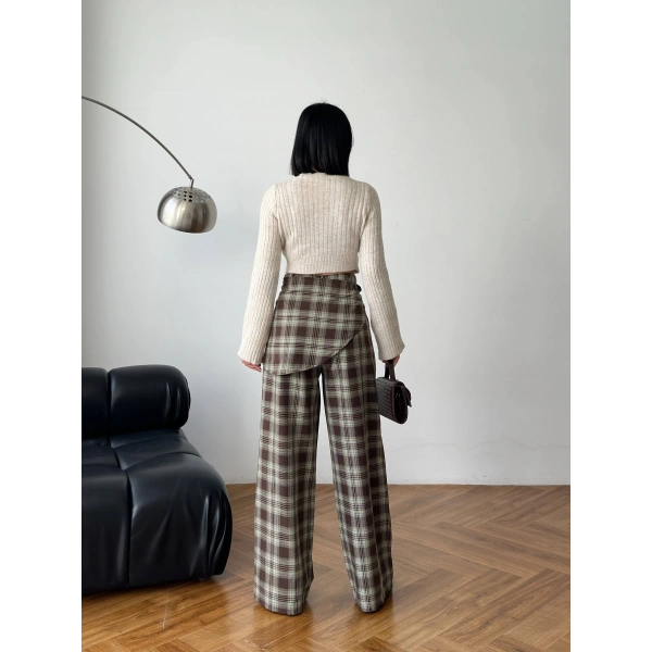 Ekose yüksek bel fularlı pantolon