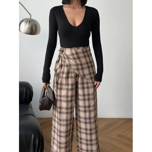 Ekose yüksek bel fularlı pantolon