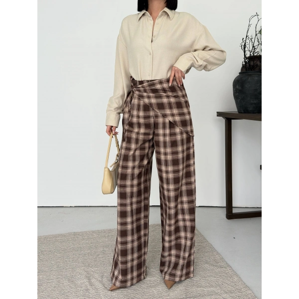 Ekose yüksek bel fularlı pantolon