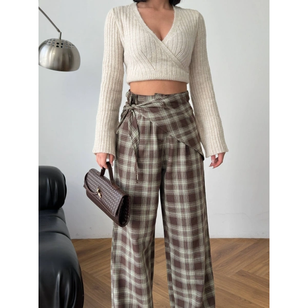 Ekose yüksek bel fularlı pantolon